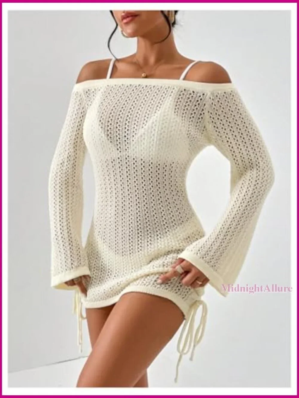 Off Shoulder Crochet Cover Up Dress Drawstring Bathing Suit Beachwear